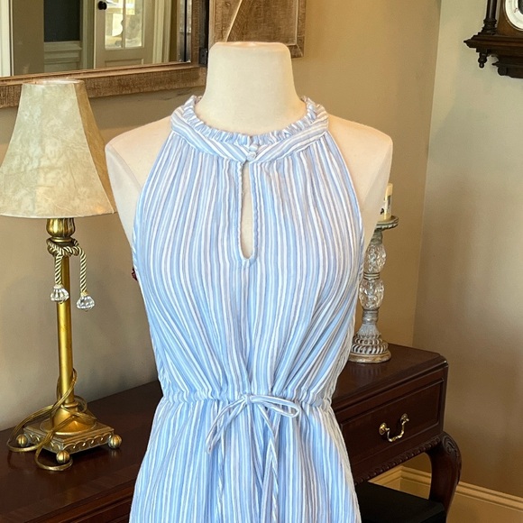 Midi Summer Dress Comfy Cinched Drawstring Waist with Pockets Blue Striped New - Picture 2 of 15